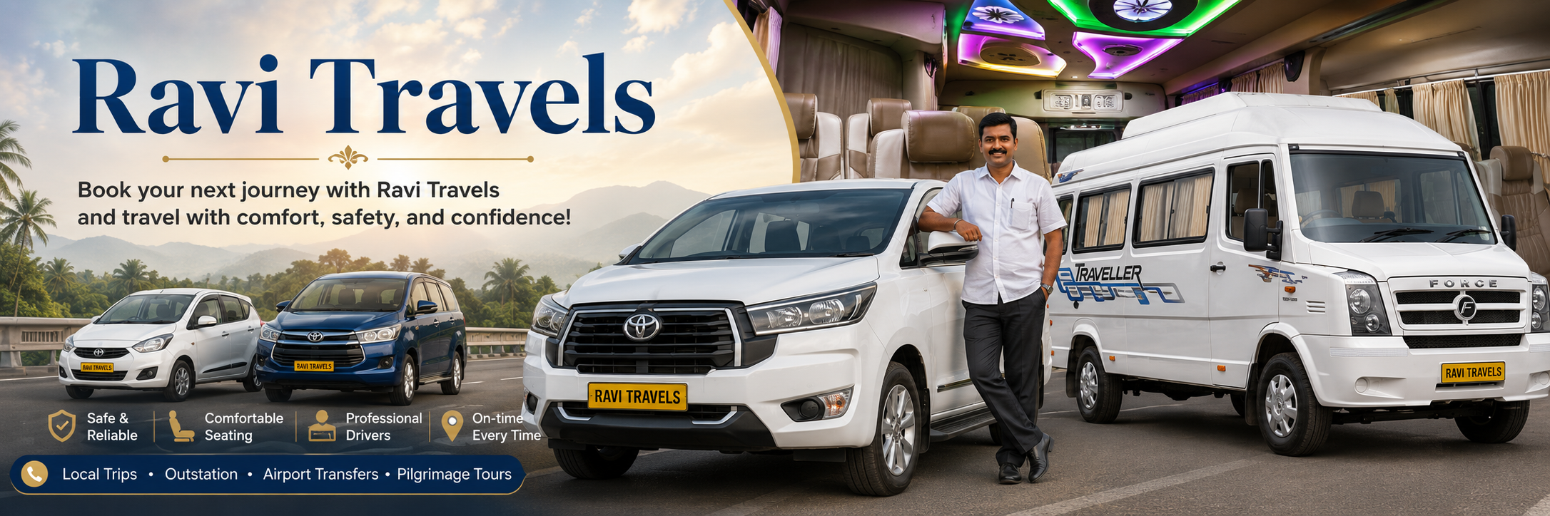 Ravi Travels fleet with a professional driver and comfortable vehicle interiors